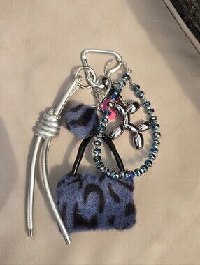 Blue Leopard Faux Fur Charm Keychain with Beaded Teardrop
